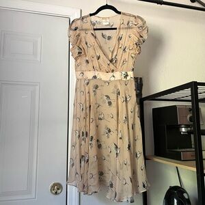 GALLIANO peach nude floral sheer silk puff short sleeve mini dress
